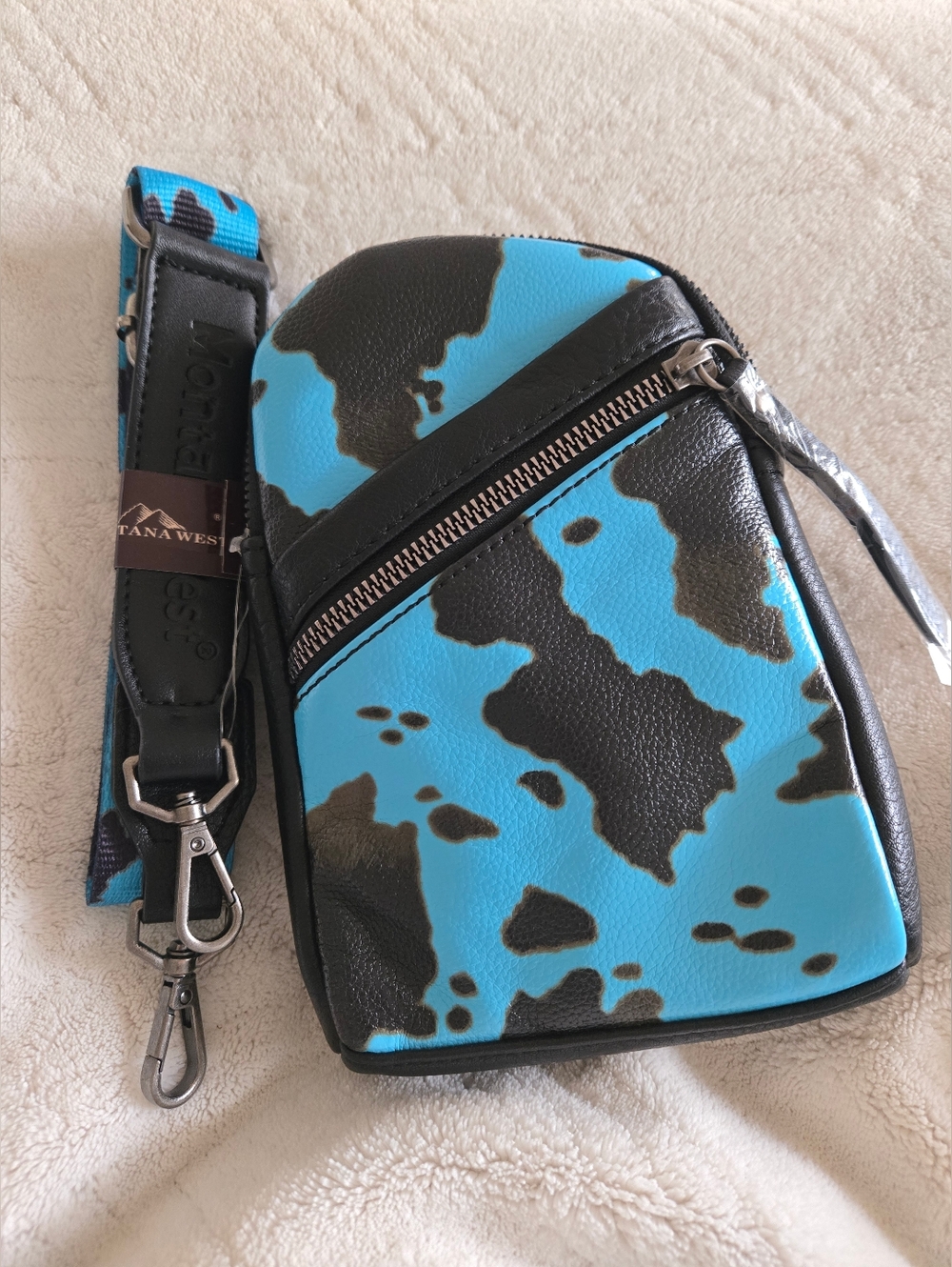 NWT Montana West Blue & Black Cowprint Crossbody Sling Bag